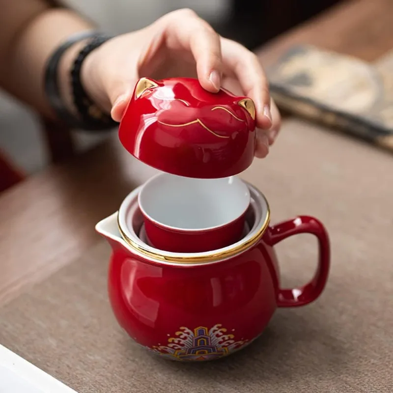 Portable Ceramic Tea Cup Set: Lucky Cat Porcelain Teapot Set with Handle - Tea Strainer - Lids and 2 Teacups -  Red