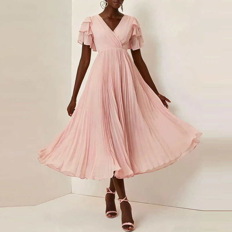 Fashion Hight Waist Solid Long Dresses Elegant V-neck Cocktail Formal Dress Women Casual Ruffled Sleeve Drpaed Bridesmaid Dress