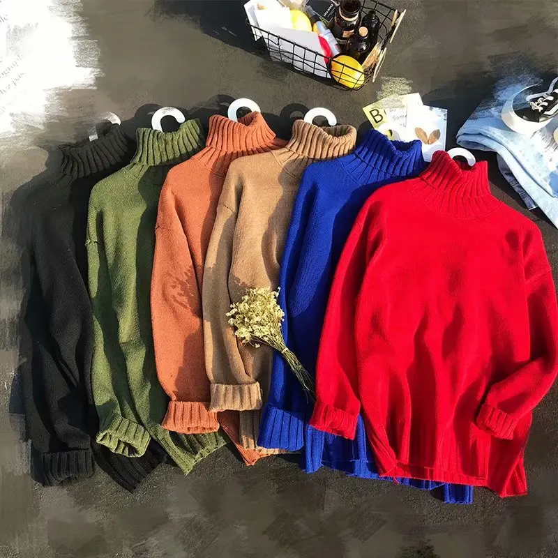 سترة محبوكة فضفاضة ذات ياقة عالية للرجال لون نقي للخريف والشتاء نمط جديد النسخة الكورية ملابس خارجية للزوجين قابلة للتنفس... #2