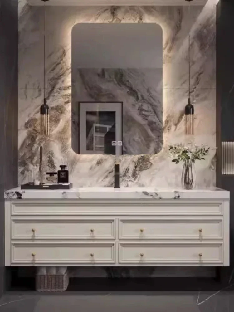 French light luxury bathroom cabinet solid wood washbasin rock slab bathroom American retro washstand