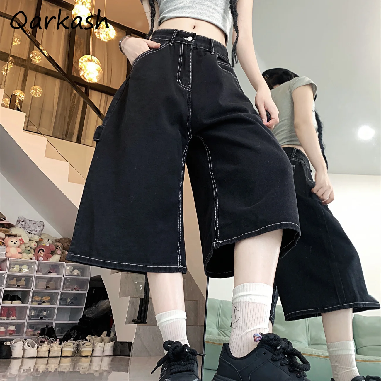 

Wide Leg Jeans Women High Waist New Summer Loose Slender Black All-match Zipper Over Knee Trousers Streetwear Leisure Trendy