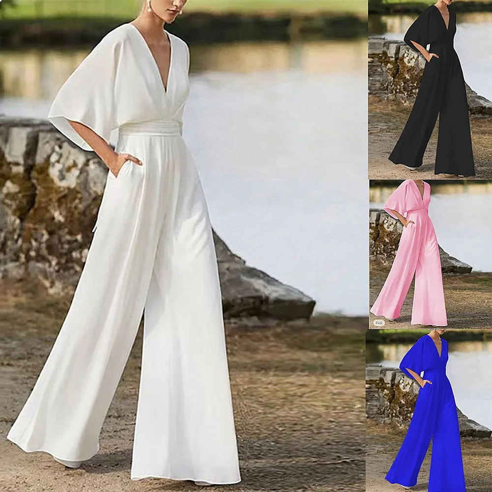 Spring Summer Plain New Chinese Style Cross Front Mid Waist Jumpsuit Overall Playsuit