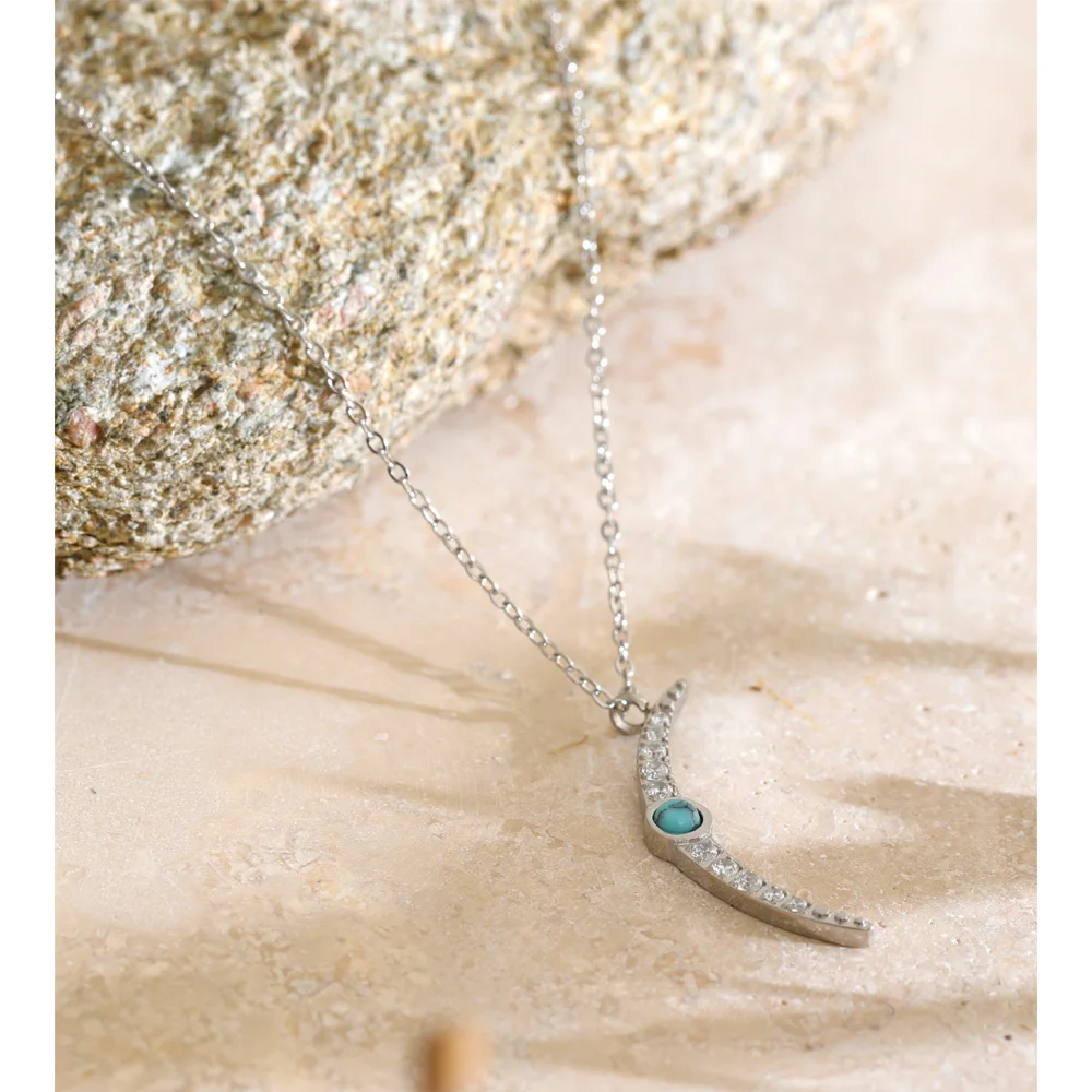 Yhpup Stainless Steel Zircon Moon Pendant Necklace Waterproof Arrivals Attractive Fashion Jewelry Accessories