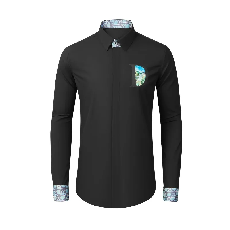 New Long Sleeve Blue Letter Inner Leader Front Print Landscape Fashion Men's Shirt One Piece Hair Collection