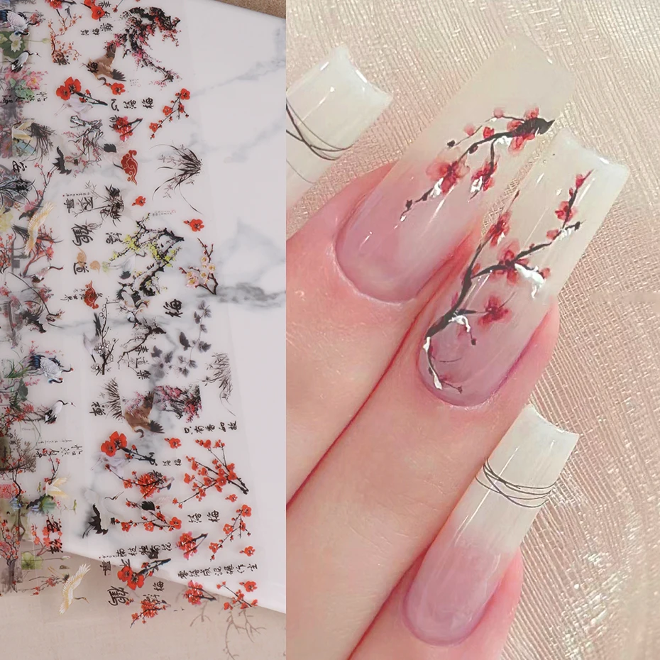 10pcs Nail Foils Chinese Character Crane Bamboo Fish Flower Plum Sticker Slider Transfer Adhesive Gel Polish Nail Decoration