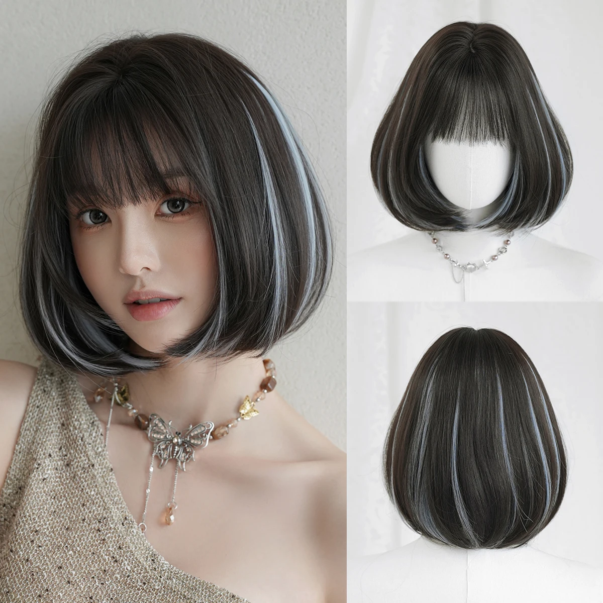 

7JHH WIGS Short Straight Black Highlight Blue Wig for Women Synthetic Modest Fashion Wear and Go Bob Wigs with Neat Bangs
