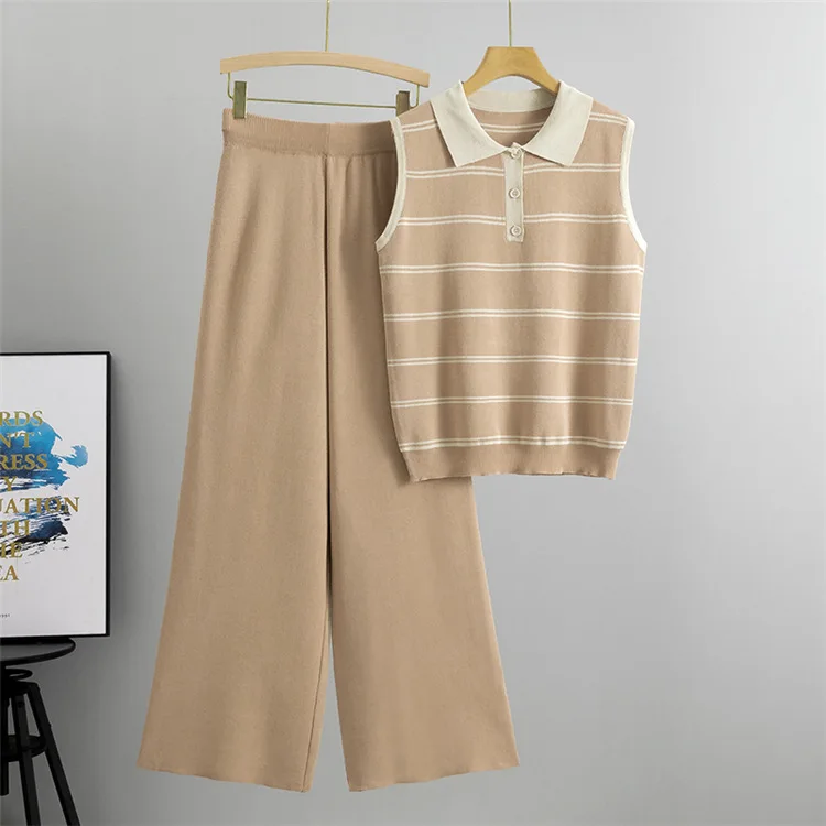 Polo Collar Knit Sleeveless Striped Tops 2 Piece Sets Women New Knitwear Jumper Tank Tee Suits High Waist Wide Leg Pant Conjunto