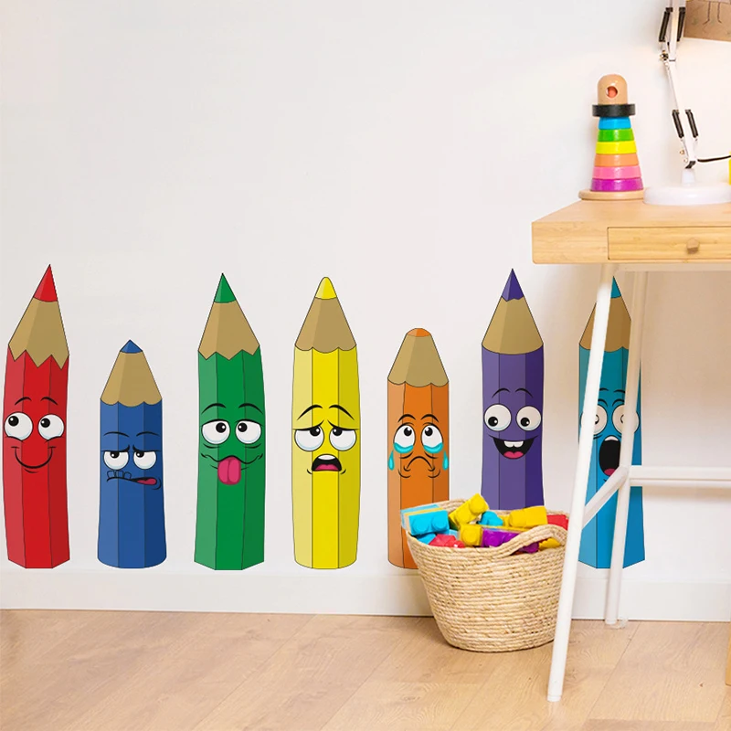 Lápiz de colores Emoji de dibujos animados, pegatina de vinilo para pared, papel tapiz de crayón de Color de dibujos animados para habitación de niños, decoración de pared para habitación de bebé y guardería