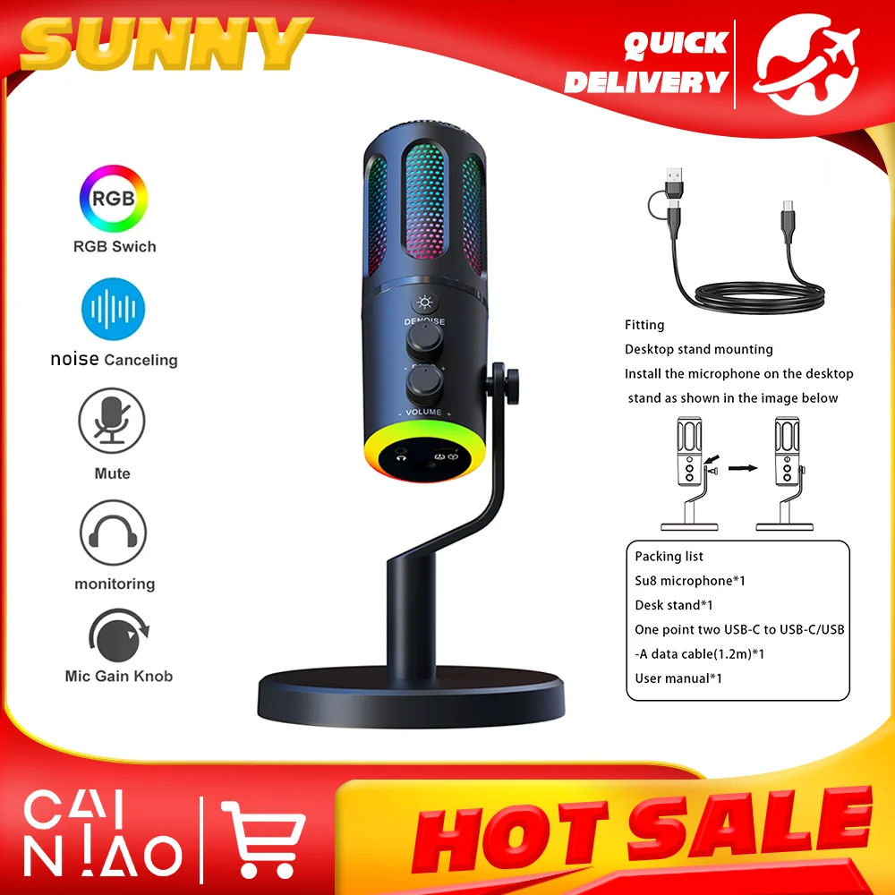 ميكروفون ألعاب USB SU8-B RGB، ميكروفون مكثف مع قاعدة للكمبيوتر الشخصي، PS4/5، بث الكمبيوتر المحمول #1