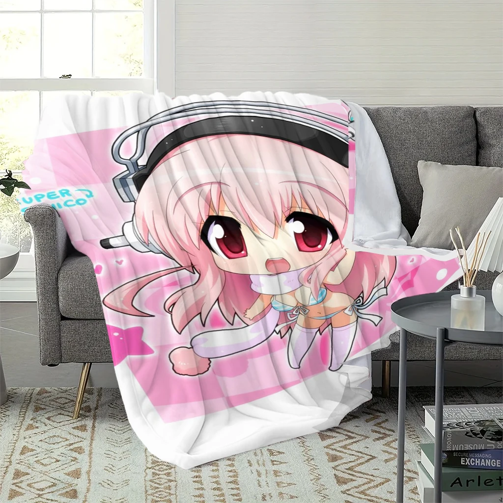 Chibi  Pink Checkerboard Background Pink Star Heart Print Soft Flannel Blanket Girls Sofa Bed Decor Anime Blanket