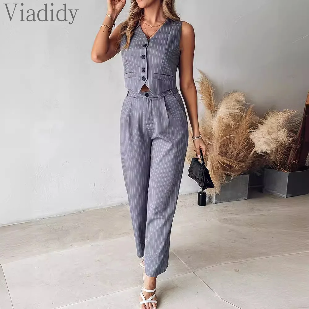 Women Elegant Casual Striped Print Sleeveless Button Front Vest Top and High Waist Straight Leg Pants 2pcs Set