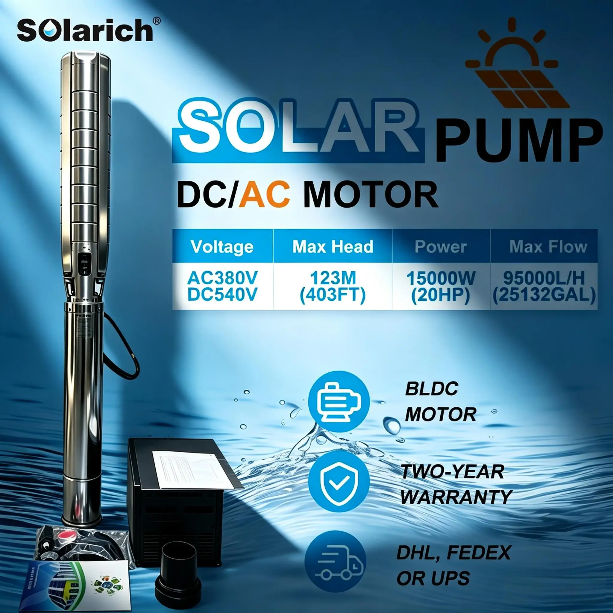 Bomba de Agua Solar Híbrida SOLARICH de 17HP, 20HP, 25HP, Motor sin Escobillas de 6 Pulgadas Alimentado por Energía Solar para Riego, Sistema de Bombeo de Alto Flujo DC/AC