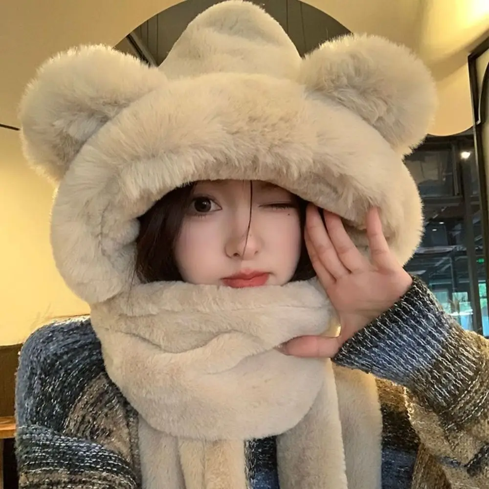 3 in 1 Hat Scarf Gloves Set Fleece-lined and Thickened Thickened Women Beanies Cap Cute Bear Ear Winter Warm