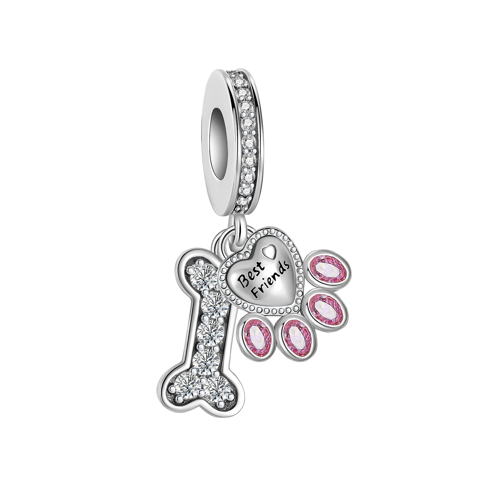 

925 Sterling Silver Best Friends Dog paw Pink Dog Charm Fit Original Pandora Charms Bracelets Women DIY Jewelry Gift