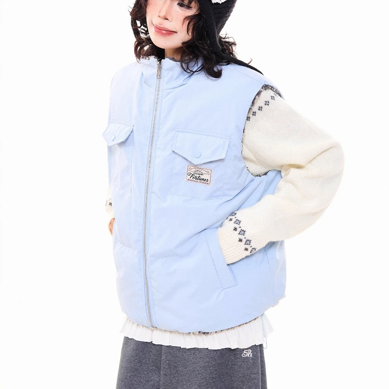 2025 Autumn Winter New Lamb Wool Women's Waistcoat Retro Design Sweet Cool Y2k Versatile Warm Sleeveless Vest Jackets Ladies