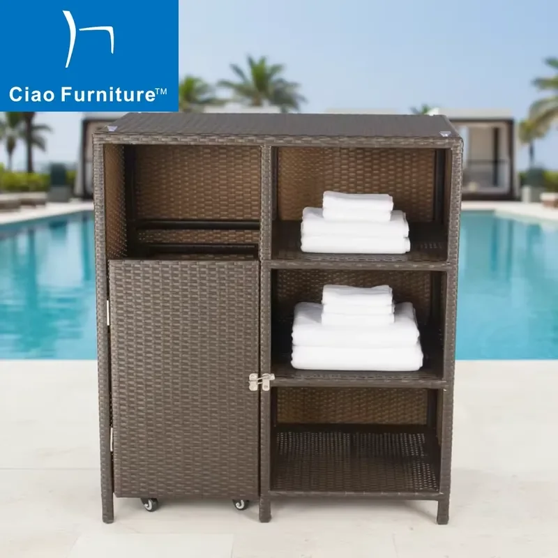 2026 Commercial Hotel Outdoor Garden Resort Pool Side Brown Wicker Rattan Towel Storage Cabinet Furniture