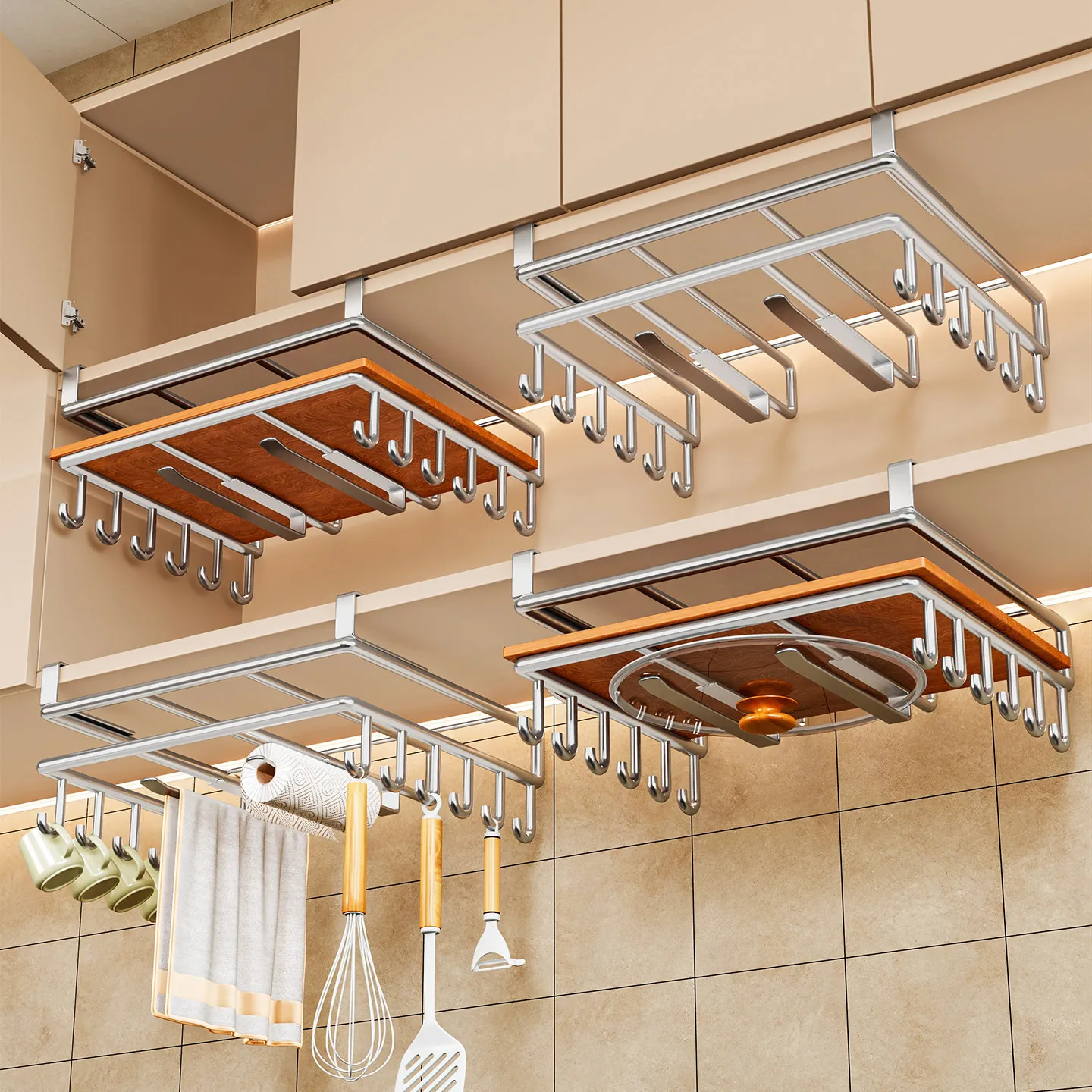 Pot lid cutting board rack, hanging rack under kitchen hanging cabinet, multi-functional stainless steel lower hanger