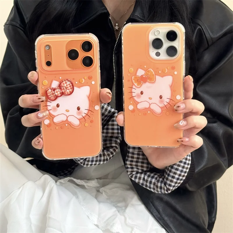 

Fashion Orange Hellokitty Phone Cover For iPhone 17 Pro 16 15 14 Pro Max Case with Cute 3D Bow Protective Cases For Girls Capa