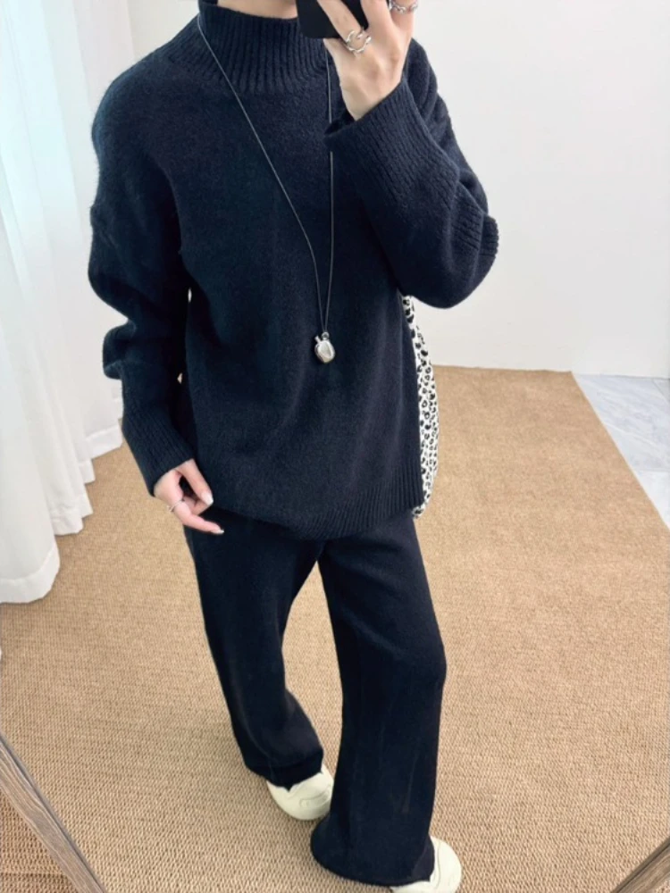 Fashion Casual Half Turtleneck Knitwear Set Women's New Autumn and Winter Lazy Style Straight-leg Pants Sweater Two-piece Set