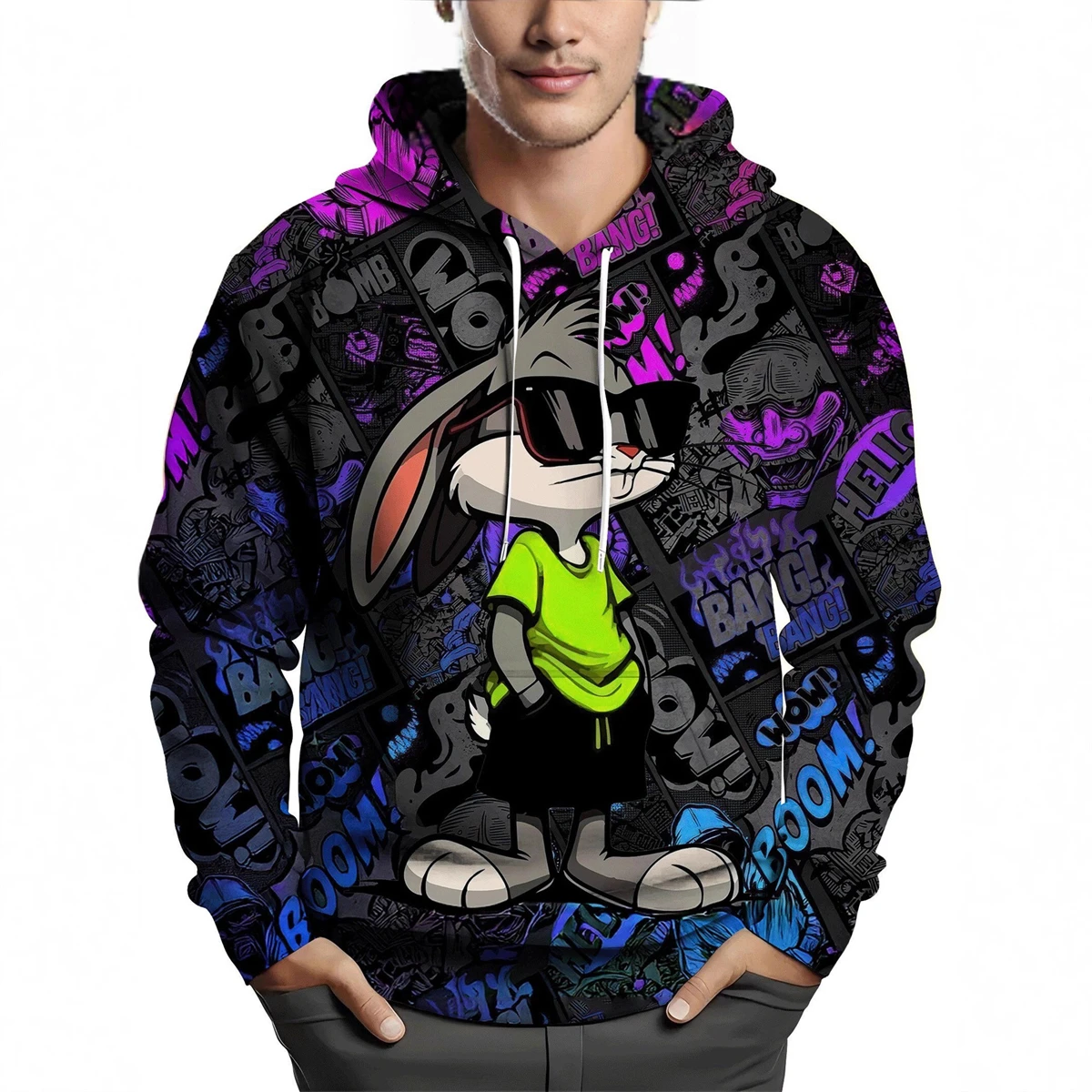 

Just A Cool Rabbit Print Sweatshirt for Men, Loose Fit, Sporty Casual Pullover Hoodie