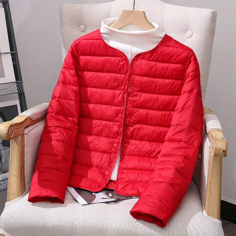 2024 New Winter Women Down Cotton Jackets Collarless Button Light Weight Warm Coat O-Neck Bottom Liner Female Fluffy Parkas