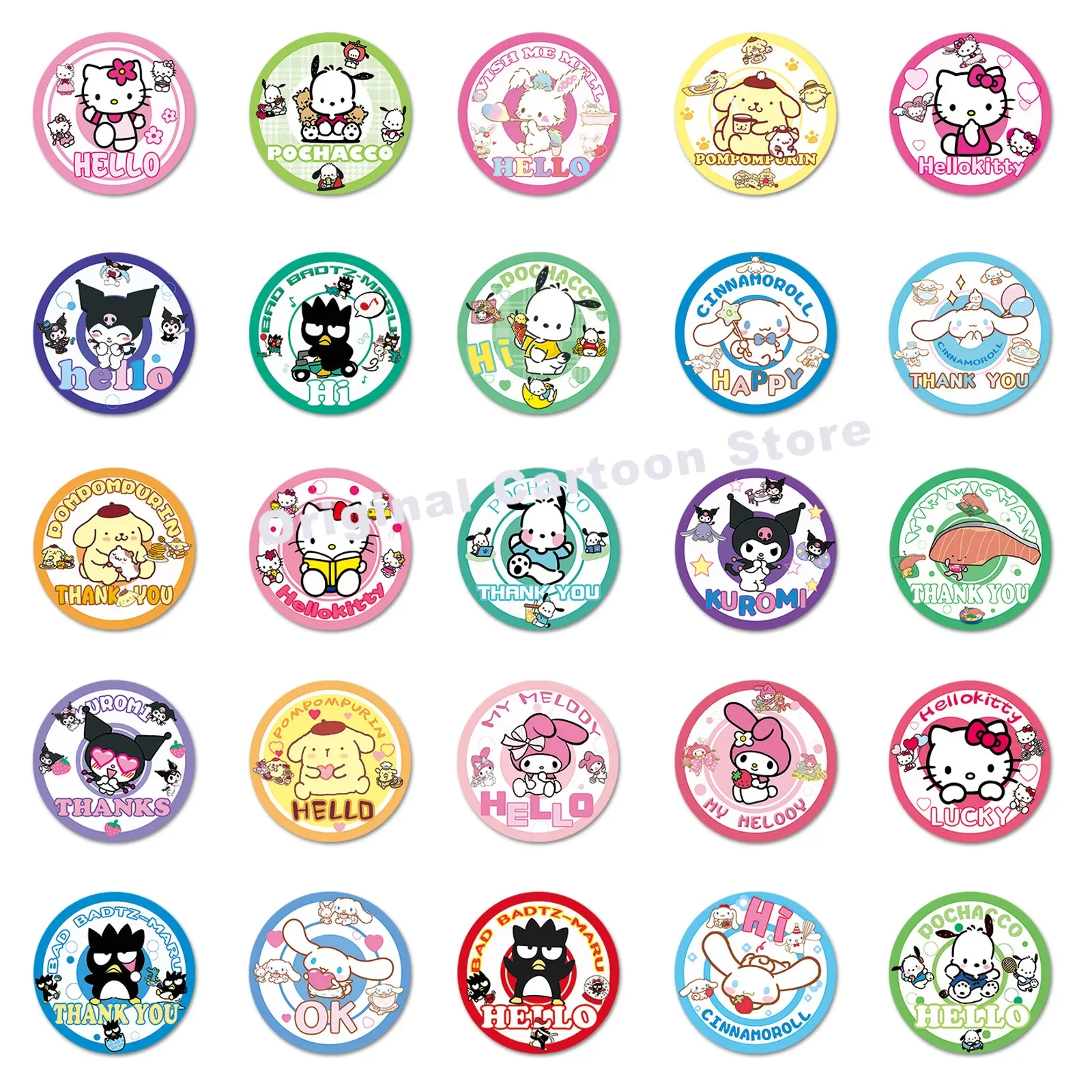 50 Pictures Hello Kitty Sanrio Kuromi Badge Sticker Cartoon Cute Cool Penguin Water Proof Decorate Round Seal Sticker Child Gift