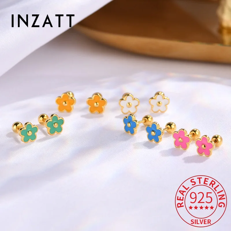 

INZATT Real 925 Sterling Silver Enamel Flower 18K Gold Mini Screw Bead Stud Earrings for Women Cute Fine Jewelry Accessories