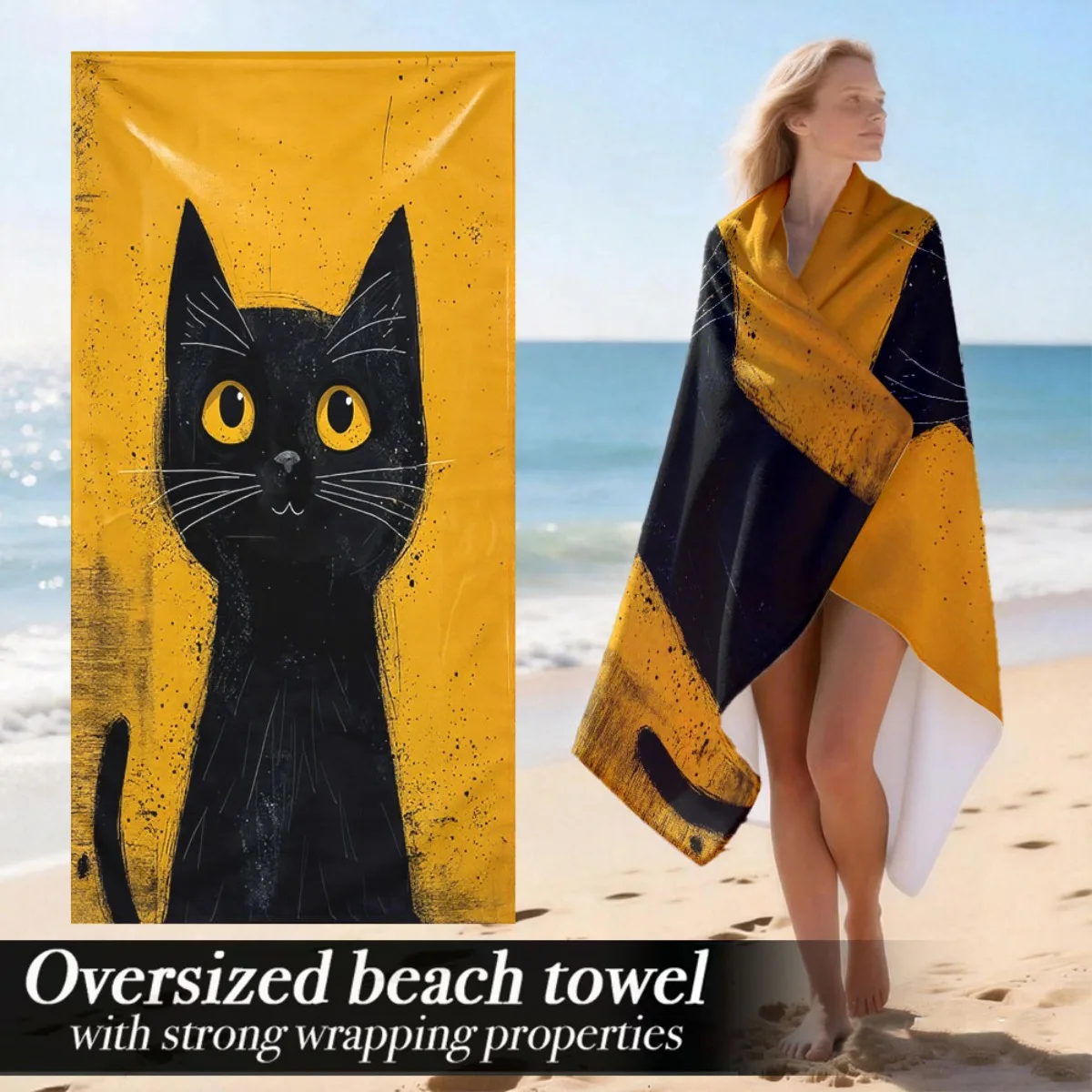 Vintage Black Cat Oversized Beach Towel Patterned Sunscreen And Windproof Suitable For Swimming Pool Camping Travel Blanket