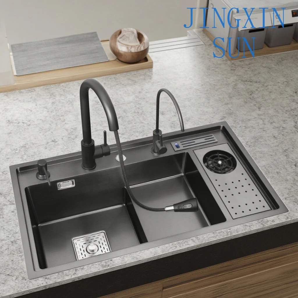 304 Stainless Steel Kitchen Sink for Double Bowl Nano Anti Scratch High Pressure Waterfall Faucet LED Digital Display for