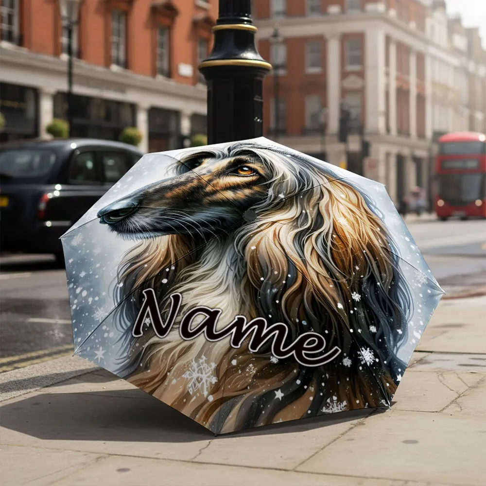 Custom Name Umbrella Afghan Hound Dog Winter Snowflake Snow Print Folding Umbrella, Portable Travel Parasol For Dog Lovers