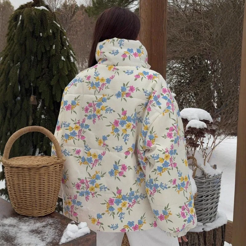 

Одежда с хлопковой подкладкой с принтом для женщин, новые воротники-стойки, утолщенная свободная теплая хлопковая одежда в иностранном стиле, уменьшающая возраст