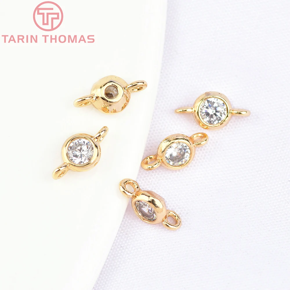 (2446)6PCS 4x8MM 24K  Gold Color Plated Brass 2 holes with Zircon Connect Charms High Quality Diy Jewelry Accessories