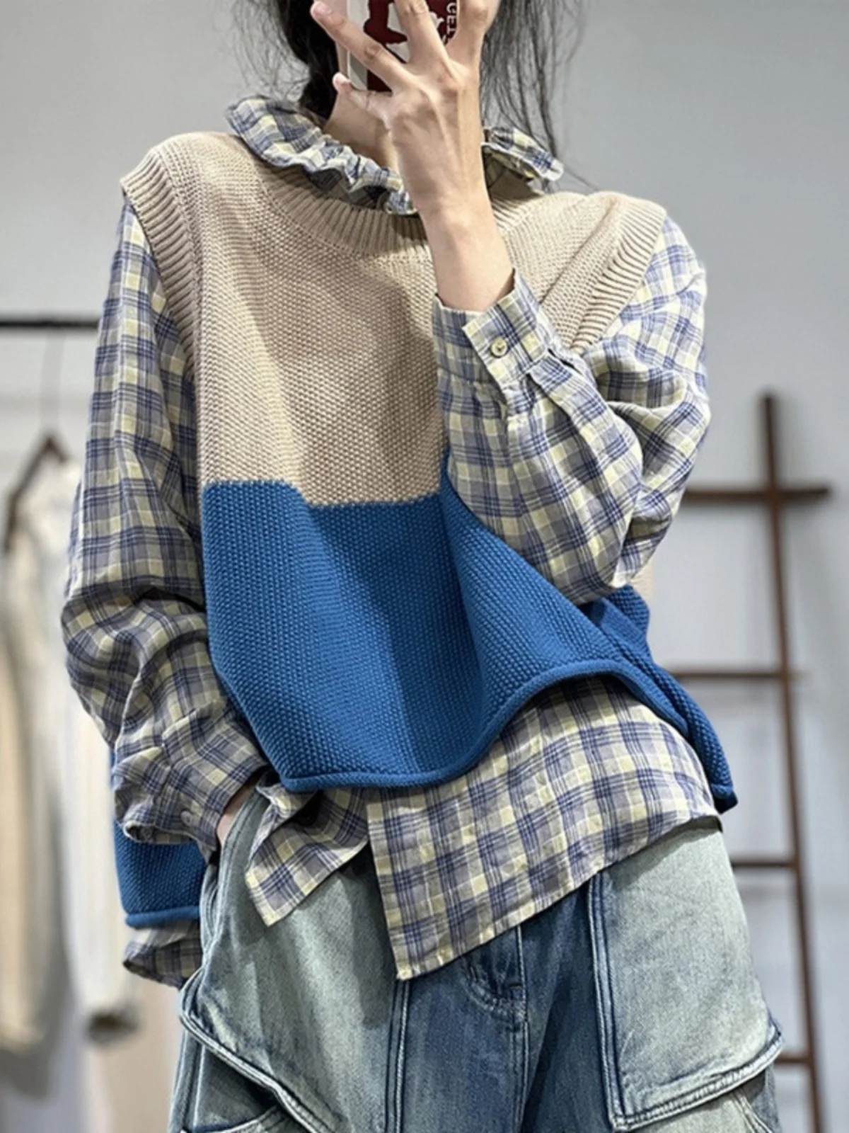 

Модный цветной вязаный хлопковый жилет Blo Svel, свободная верхняя одежда для поездок на работу, круглый, длина Ne ort, необрастающий