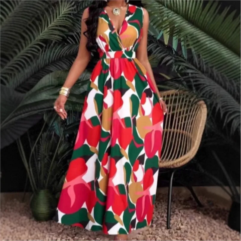 Frauen Kleid Neue Sommer Sexy Mode V-ausschnitt Top Spitze-Up Gedruckt Plissee Taille Ärmel Slim Fit Boho Maxi kleider Für Frauen