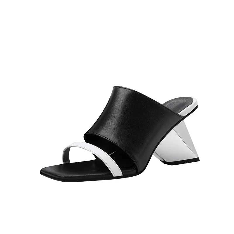 Women Black Modern Slippers 2021 Summer High Heels Outside Slippers Female Genuine Leather Hit Color Mules Shoes