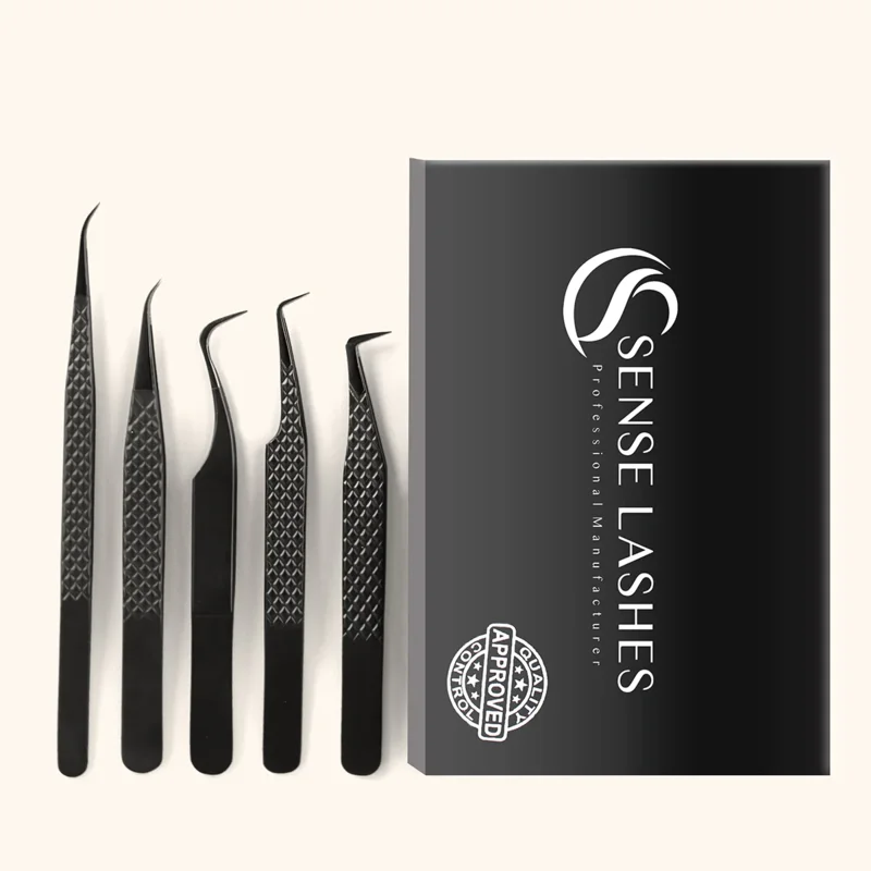 SENSE LASHES 5 stks Fiber Tip Wimper Pincet Precisie Pincet Set Wimper Extension Pincet Wenkbrauw Pincet met Case