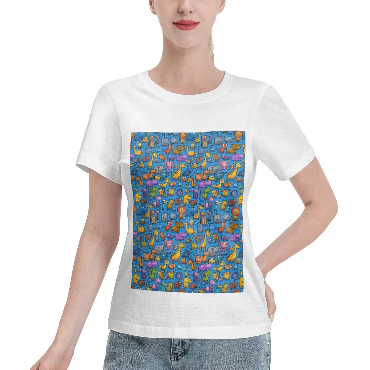 Everyday Essential Chaotic Pattern With Colorful Cartoon Animals From The Zoo Women's T-shirt Cool Plus Size Women Tee