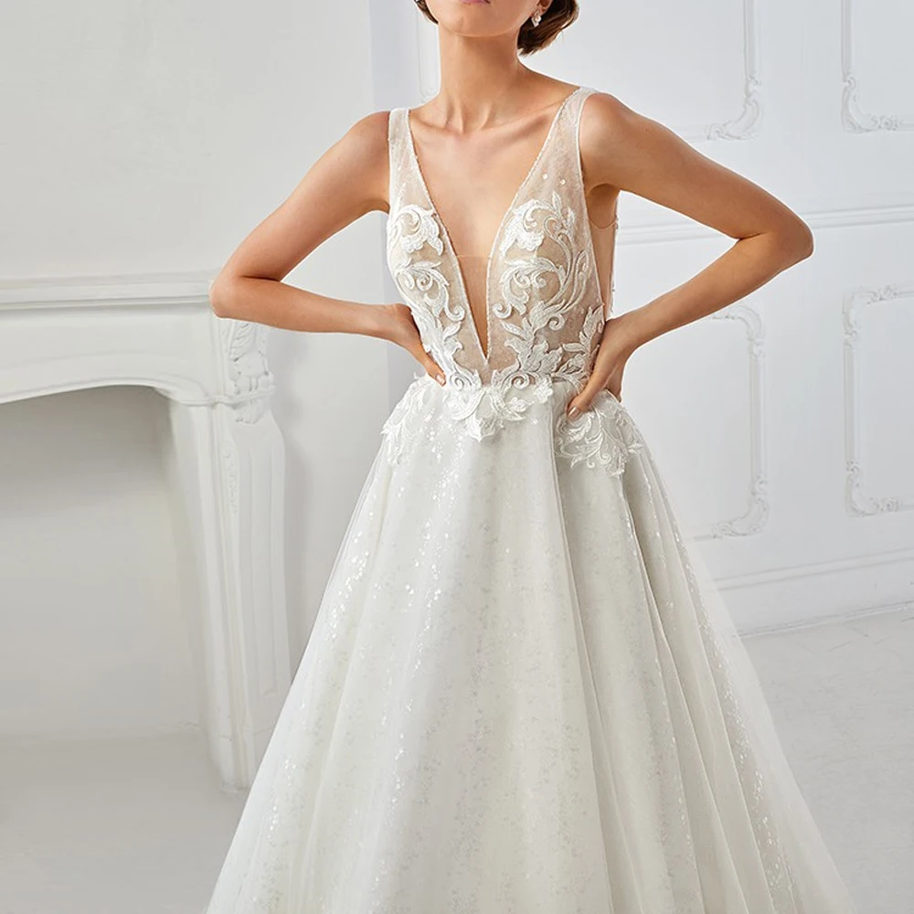 Vestidos de novia personalizados con cuello en V profundo, apliques de encaje sin mangas, con cremallera en la espalda, largo hasta el suelo, Vestido de novia