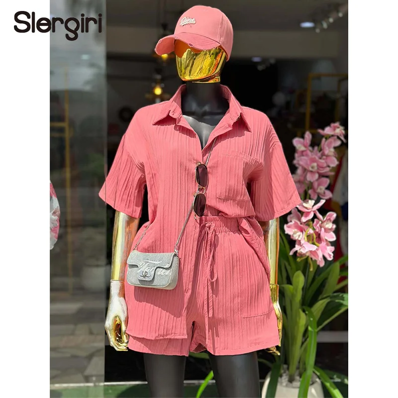 

Slergiri Solid Short Sleeve Button Down Shirts with Pockets + Wide-leg Shorts Women Fashion New 2026 Summer Two 2 Piece Set
