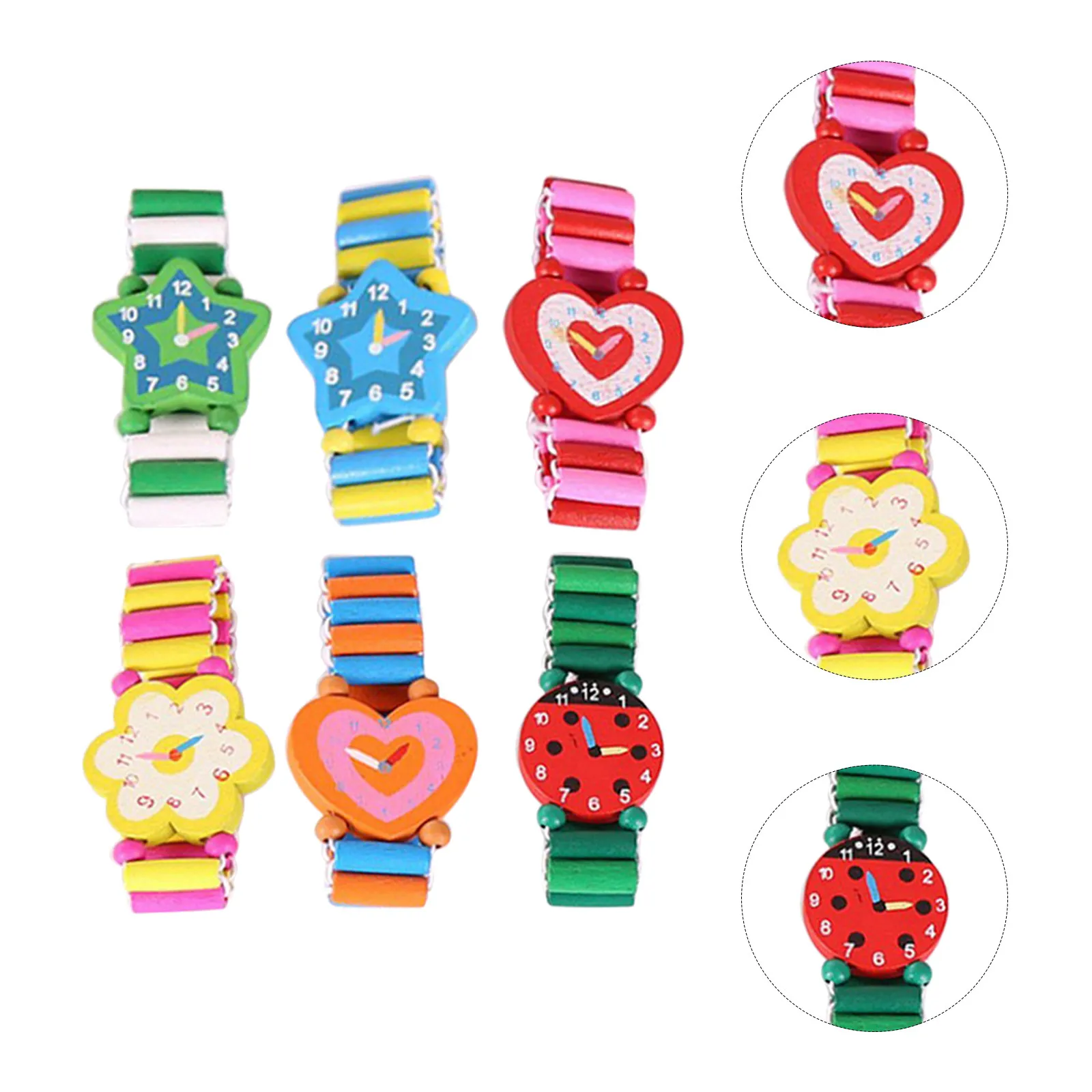 

Набор из 6 деревянных мультяшных имитационных наручных часов для детей: красочный развивающий подарок для развития навыков и творчества