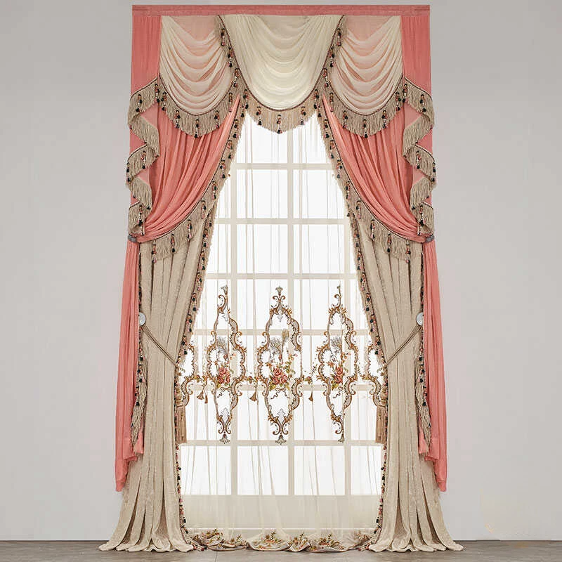 American High-end Customized Pink Beige Velvet Blackout Curtains for Living Room Bedroom French Window Balcony Window Villa