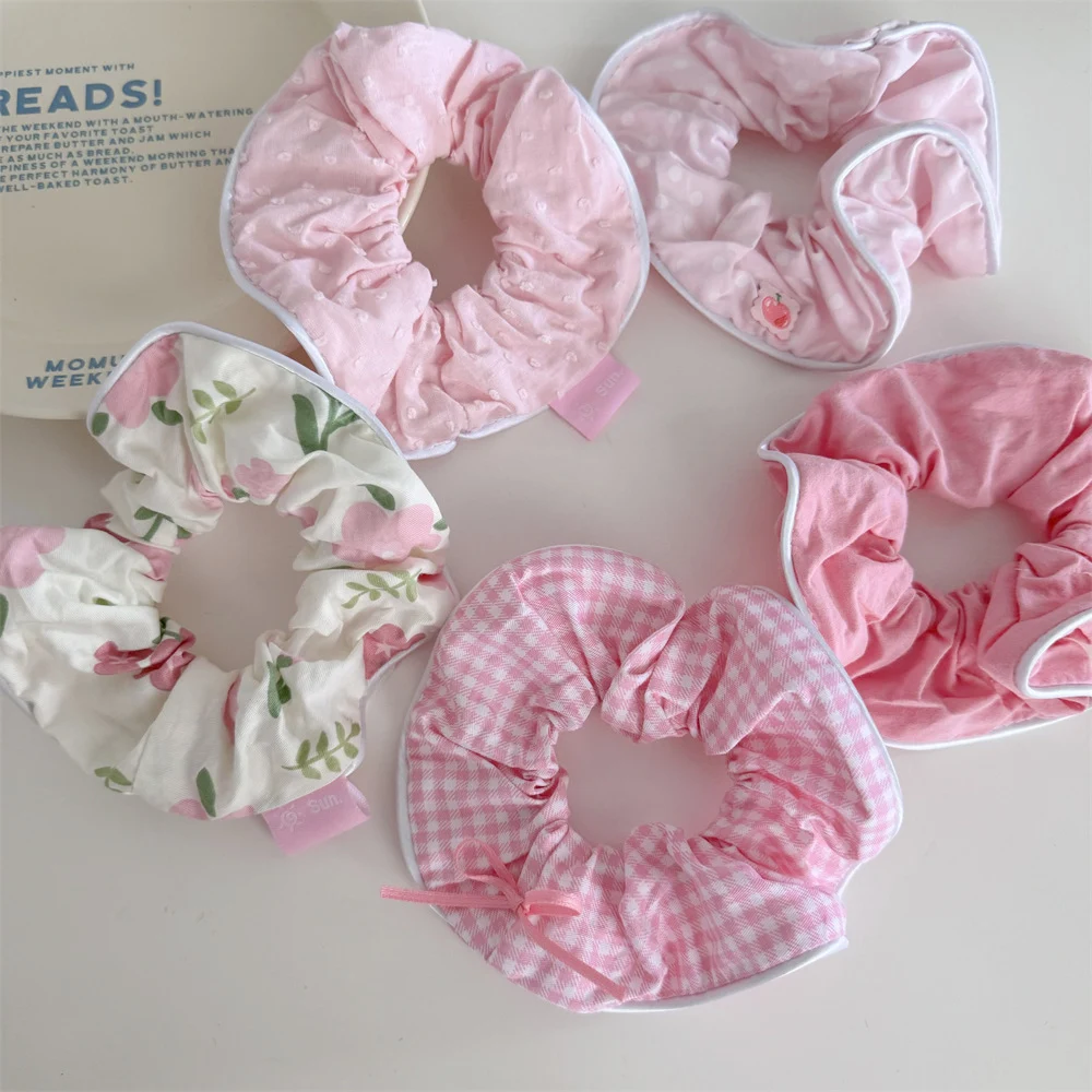 Cute Flower Plaid Grid Scrunchies Pink Color Hair Tie Ponytail Holder Elastic Hair Band Rubber Bands Women Hair Accessories