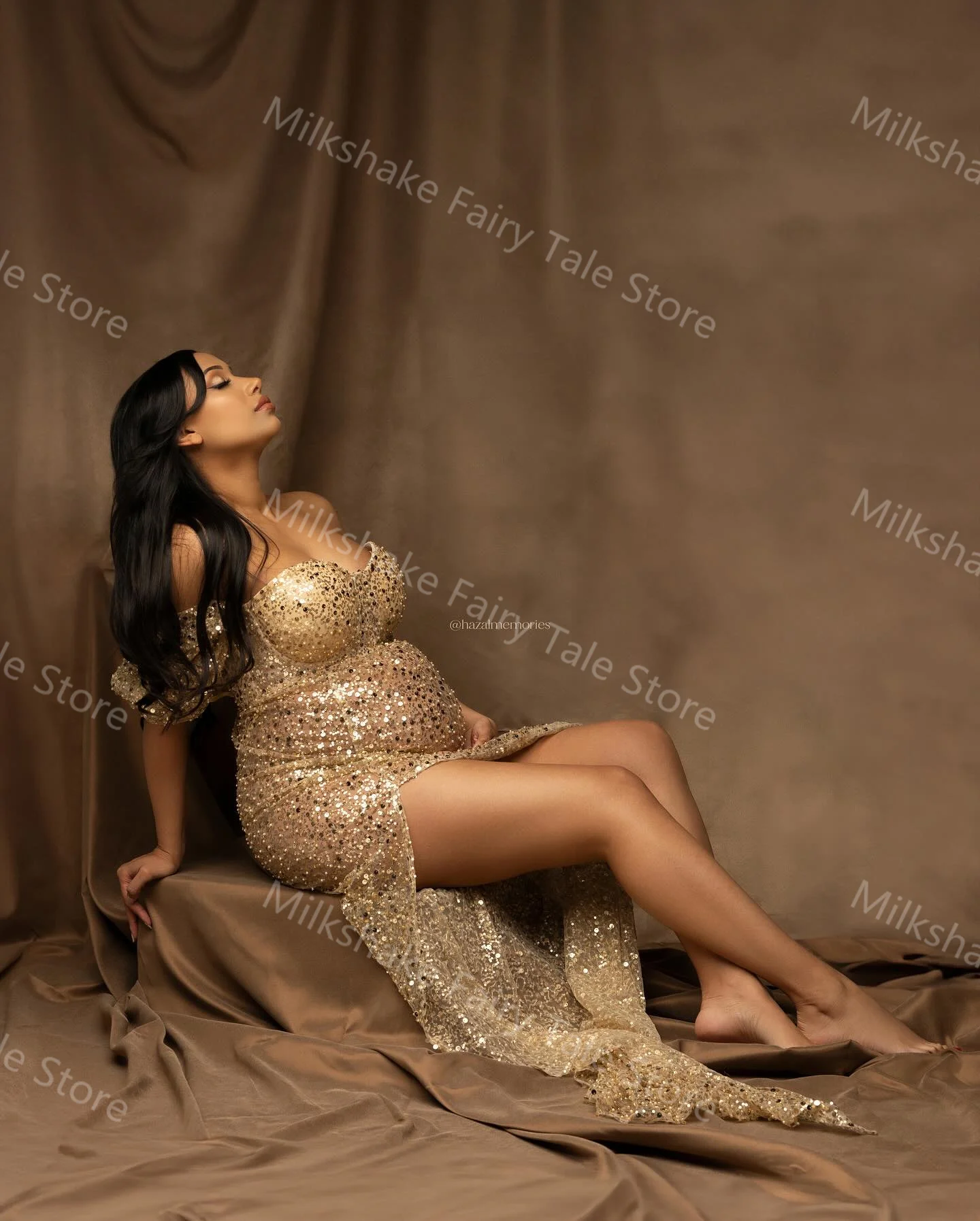 Sexy Gold Sequins Maternity Robes Off Shoulder Glitter Photography Pregnant Women Dresses Customized Side Split Babyshower Gowns