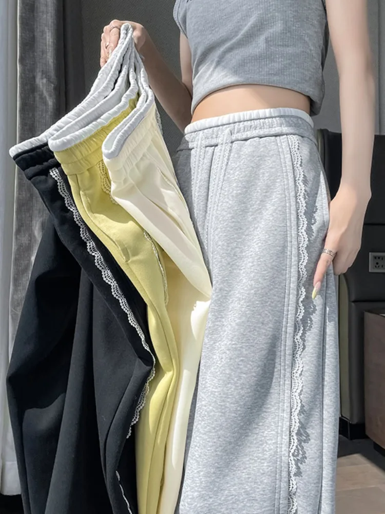 

High Waist Wide Leg Pants Women's Summer New Style Loose Banana Pants Straight Cut Floor-Length Pants Lace Splicing Knife