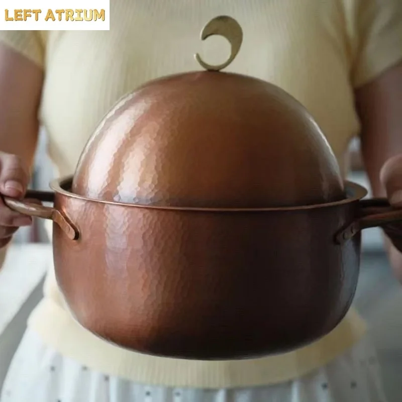 Egg Shape Vintage Copper Soup Pot,Handcrafted Pot Food Cooking Utensil Simmering and Pasta Stewing,With lid 19 cm Handheld Pot