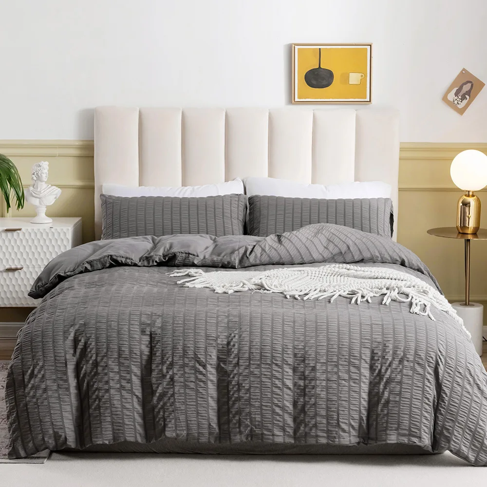 Solid Color  Double Queen Comforter Cover Set Seersucker Duvet Cover Set All Seasons Bedding Set with Quilt Cover and Pillowcase