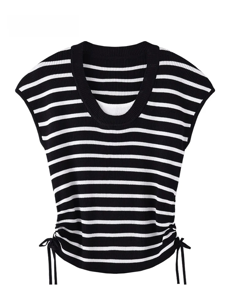 

JZZDEMM Летний тонкий модный топ с цветными полосками и U-образным вырезом, имитация двухслойности, женская повседневная одежда