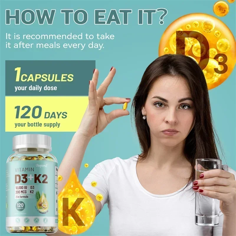 

Vitamin D3 + K2 Capsules - Supports Heart, Bone and Dental Health, Improves Digestion and Absorption, Enhances Immunity, Non-GMO