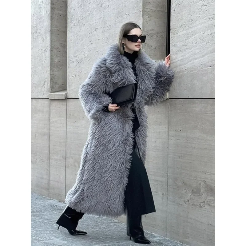 نسخة ممتدة معطف تيدي للنساء بأكمام طويلة ملابس شتوية رمادي شاطئ صوف سميك معطف من الفرو الصناعي الصلب