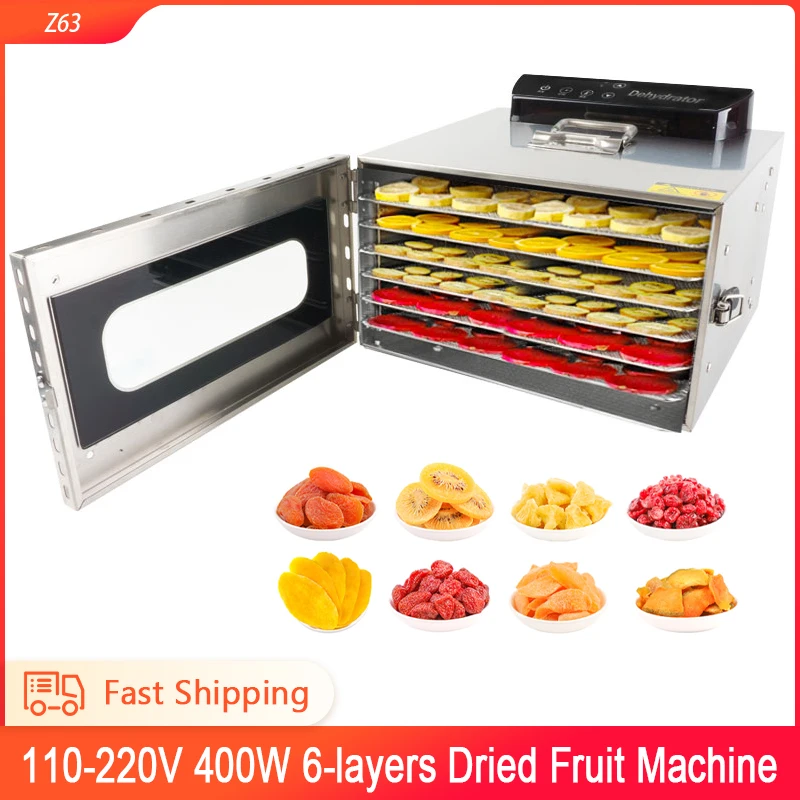 6 Trays Stainless Steel Dried Food Dehydrator Fruit Vegetable Herb Meat Drying Machine Stainless Steel 110V 220V